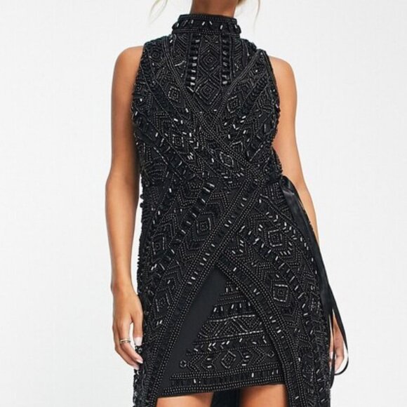 New ASOS Design Black Beaded High-Low Gown Mock-neck Sleeveless 10 MSRP $300 - Picture 4 of 9